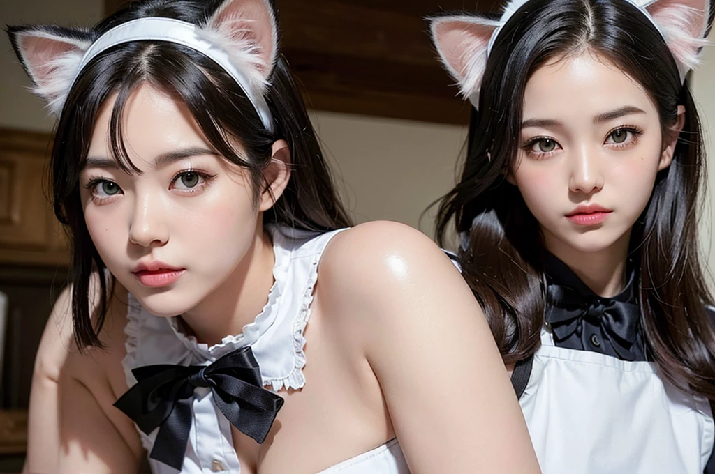 (8k, ultra-high resolution, highest quality, masterpiece:1.2), ultra-realistic, (realistic, photorealistic:1.37), (realistic skin:1.2), ultra-detailed, Canon EOS RP, 8k, Korean mature woman, smiling,(super obese:1.5), (((super curvy,))) ((super voluptuous,)) ((full body shot)),(standing), thick ankles, (((maid cafe))), (((crowd of maids))), (((cat ears, cat tail))),(checked maid uniform:1.4)
