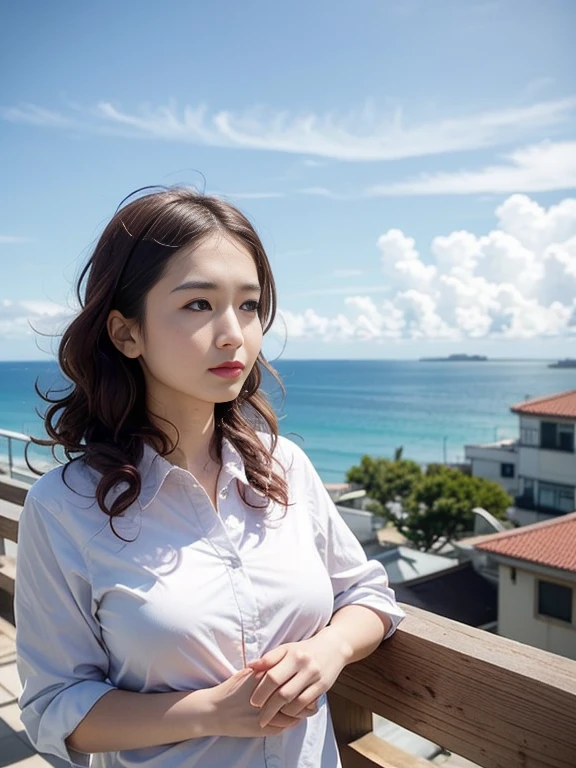Gray background、pubic hair、Large Breasts、Thighs、Red lipstick、Curly Hair、Disheveled Hair、Cute woman、high school girl、White shirt、Checkered mile、Open chest shirt、One Woman、Gazing at the sea、Looking from below、Rooftop、Cloud、