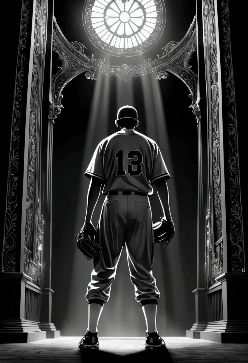 (Baseball Player), Capture the ethereal light and shadow in a stunning photograph with selective color details, revealing the hidden poetry of (glowing objects), full body, award-winning, cinematic still, emotional, vignette, dynamic, vivid, (masterpiece, best quality, Professional, perfect composition, very aesthetic, absurdres, ultra-detailed, intricate details:1.3), by Naoki Urasawa