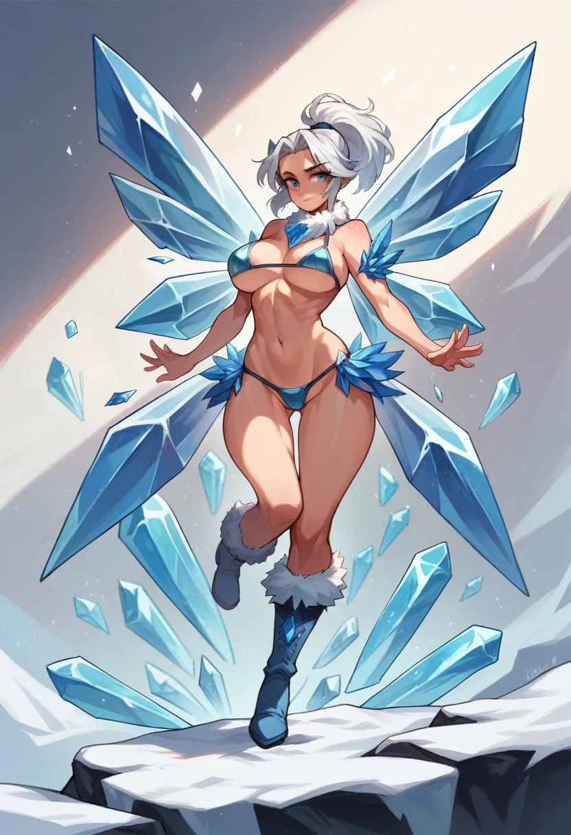 Blue Crystal magic, cryo hawk girl, large breasts (H size), little clothes, crystal bikini, crystal wings, snow magic, crystal boots, white ponytail hair, blue feather, ice shards