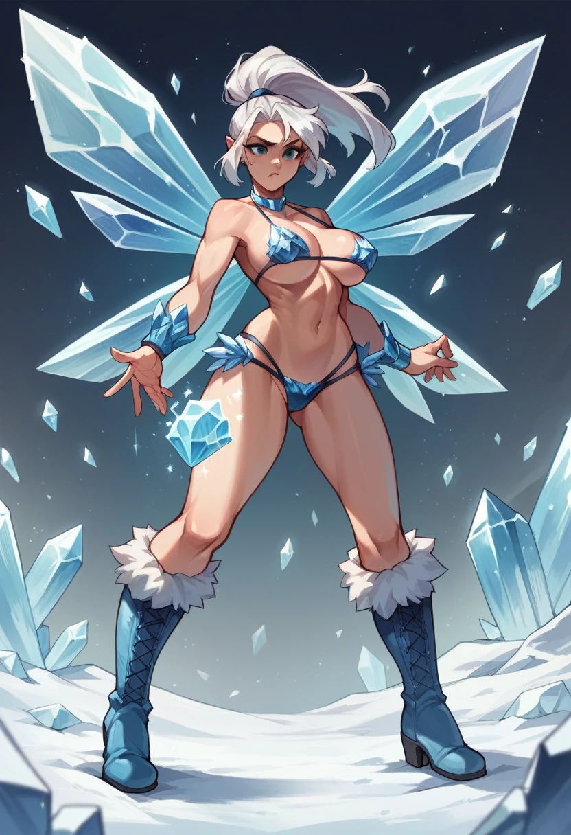 Blue Crystal magic, cryo hawk girl, large breasts (H size), little clothes, crystal bikini, crystal wings, snow magic, crystal boots, white ponytail hair, blue feather, ice shards