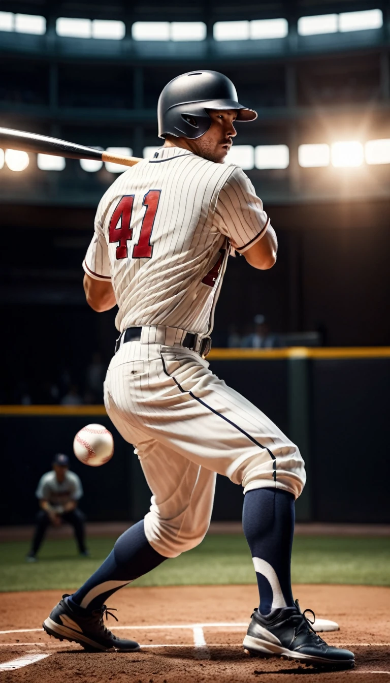 a baseball player hitting the ball with great force, dynamic motion, motion blur, dramatic action, realistic sports photography, 4k, photorealistic, highly detailed, dramatic lighting, cinematic composition, ultra detailed, hyperrealistic, dynamic movement, sharp focus, professional photography