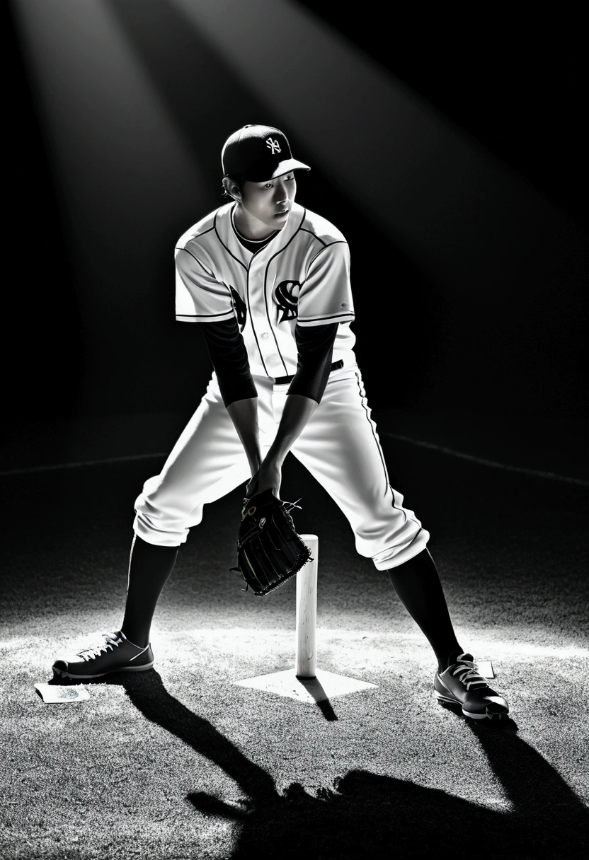 (Baseball Player), Capture the ethereal light and shadow in a stunning photograph with selective color details, revealing the hidden poetry of (glowing objects), full body, award-winning, cinematic still, emotional, vignette, dynamic, vivid, (masterpiece, best quality, Professional, perfect composition, very aesthetic, absurdres, ultra-detailed, intricate details:1.3), by Naoki Urasawa