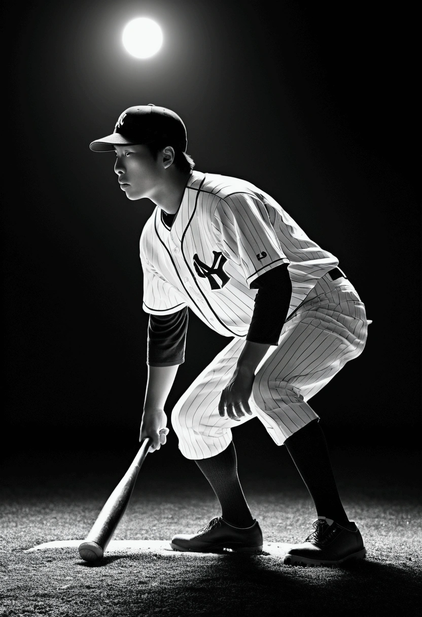 (Baseball Player), Capture the ethereal light and shadow in a stunning photograph with selective color details, revealing the hidden poetry of (glowing objects), full body, award-winning, cinematic still, emotional, vignette, dynamic, vivid, (masterpiece, best quality, Professional, perfect composition, very aesthetic, absurdres, ultra-detailed, intricate details:1.3), by Naoki Urasawa