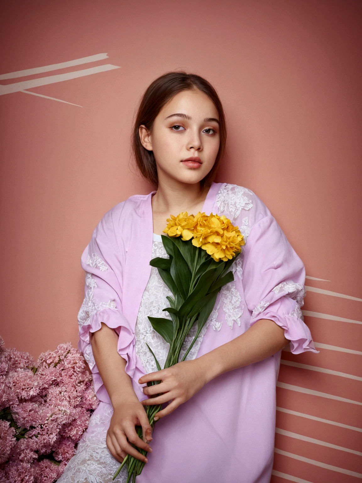 Girl with flowers, realistic floral background