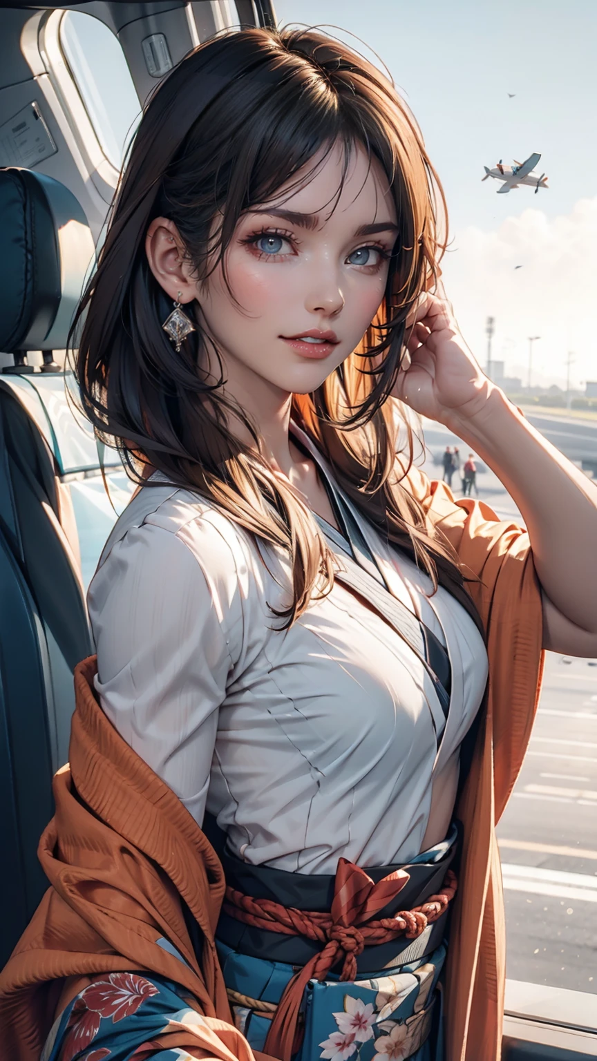 One girl, Ryujo (Kantai Collection), alone, Brown Hair, Twin tails, Brown eyes, Visor Cap, correct, Open your mouth, aircraft, smile, plane, White Background, kimono, Simple Background, His posts, Upper Body, Long Hair