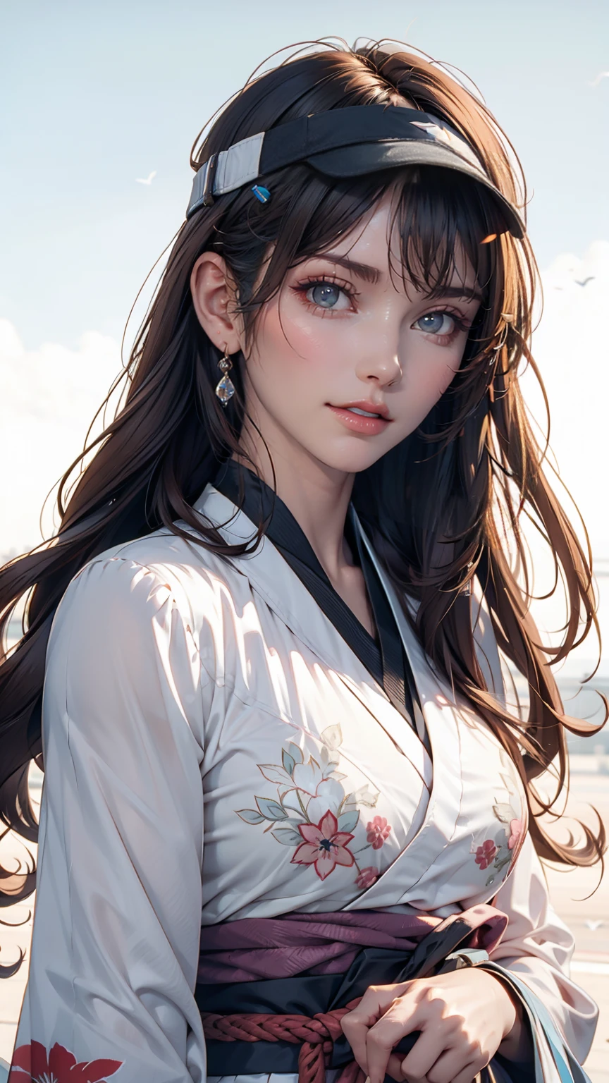 One girl, Ryujo (Kantai Collection), alone, Brown Hair, Twin tails, Brown eyes, Visor Cap, correct, Open your mouth, aircraft, smile, plane, White Background, kimono, Simple Background, His posts, Upper Body, Long Hair