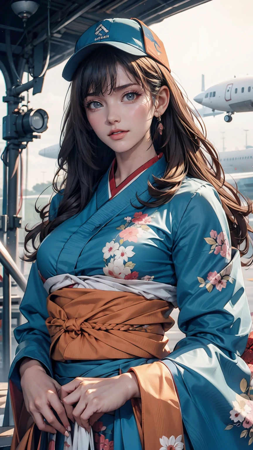 One girl, Ryujo (Kantai Collection), alone, Brown Hair, Twin tails, Brown eyes, Visor Cap, correct, Open your mouth, aircraft, smile, plane, White Background, kimono, Simple Background, His posts, Upper Body, Long Hair