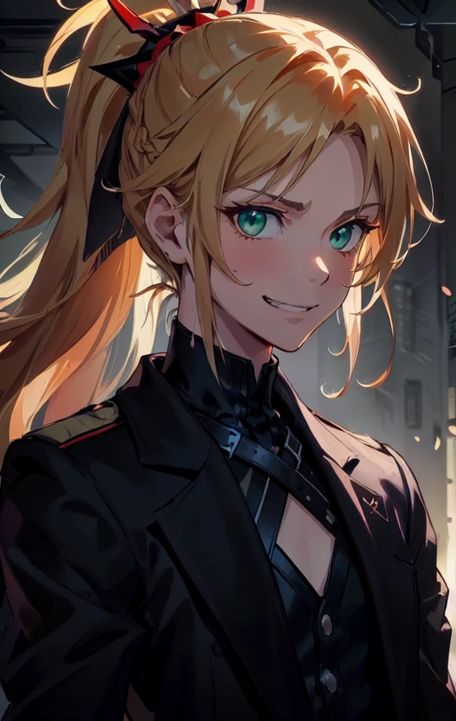 masterpiece, best quality, (detailed anime, video game art, extremely detailed CG unity 8k wallpaper), (best quality), (best illustration), (best shadow), absurdres, realistic lighting, (Abyss), beautiful detailed glow, anime, solo, 1girl, (small chest, portrait, close up shot:1.22), (mordred:0.89), female, feminine, blonde hair, green eyes, ponytail, tomboy, long hair, (dynamic pose, attack stance, valkyrie, smirk:1.03), messy hair, royalty warrior, soldier, vicious expression, grin, (head tilt:1.22), cocky, death glare, kubrick stare, perspective view, (\ ( three quarter profile \ ):0.55), suit and tie, overcoat, black suit, belt, spotlight, dark theme