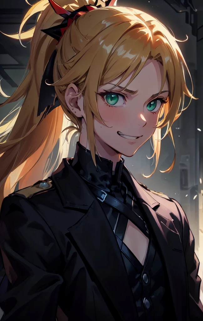 masterpiece, best quality, (detailed anime, video game art, extremely detailed CG unity 8k wallpaper), (best quality), (best illustration), (best shadow), absurdres, realistic lighting, (Abyss), beautiful detailed glow, anime, solo, 1girl, (small chest, portrait, close up shot:1.22), (mordred:0.89), female, feminine, blonde hair, green eyes, ponytail, tomboy, long hair, (dynamic pose, attack stance, valkyrie, smirk:1.03), messy hair, royalty warrior, soldier, vicious expression, grin, (head tilt:1.22), cocky, death glare, kubrick stare, perspective view, (\ ( three quarter profile \ ):0.55), suit and tie, overcoat, black suit, belt, spotlight, dark theme