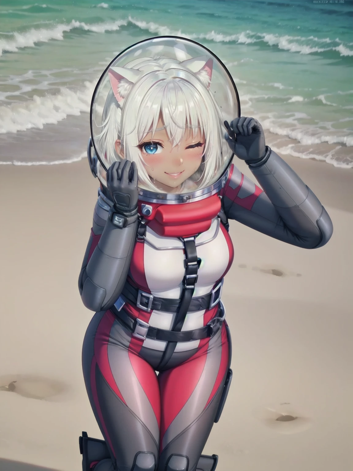 Highly detailed CG, 8k_wallpaper, top quality, masterpiece, higher eyes and nose, very delicate and beautiful, beautiful, detailed, very detailed, intricate, photorealistic, very detailed, (blue eyes: 1), (beautiful hands) , (beautiful fingers ), , (flat chest1.5), necklace (water:1.3), beach, (abs:1.3), (messy hair:1.5), (leaning forward:1), staring audience, (smile:1.3), (one eye closed:1.2), (sweating), (beautiful toes), (6 years old:1.5), (1female), (ash white hair:1.5),(middle hair:1 ), (dark skin: 1.4), (thigh girth: 1.3), beautiful, narrow waist, white thigh highs, skin curve, narrow waist, thighs, wide hips, eyeliner, eyelashes, perfect face, detailed eyes, (dark skin : 1.5),,,swimsuit, space helmet, CAT EARS, bubble helmet, eva helmet, WHITE BODYSUIT, FROM BELOW