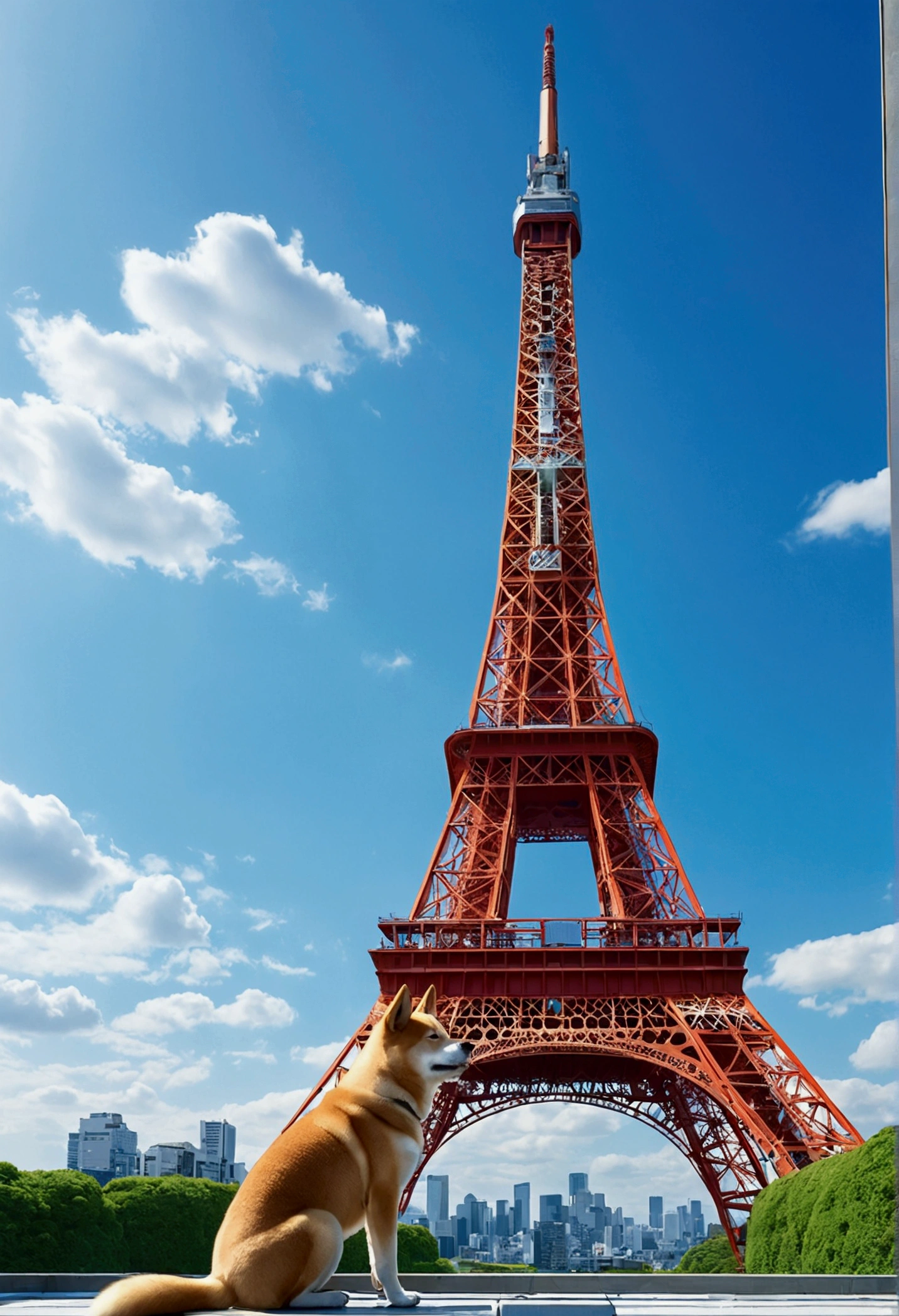 Makoto Shinkai Taste, Beautiful blue sky, Shiba Inu Puppy, Tokyo Tower, Healing scenes,Wide angle, Long-distance image, 