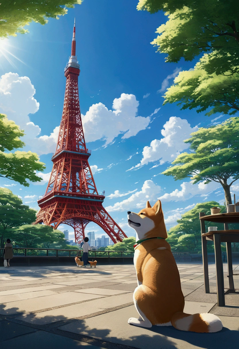 Makoto Shinkai Taste, Beautiful blue sky, Shiba Inu Puppy, Tokyo Tower, Healing scenes,Wide angle, Long-distance image, 