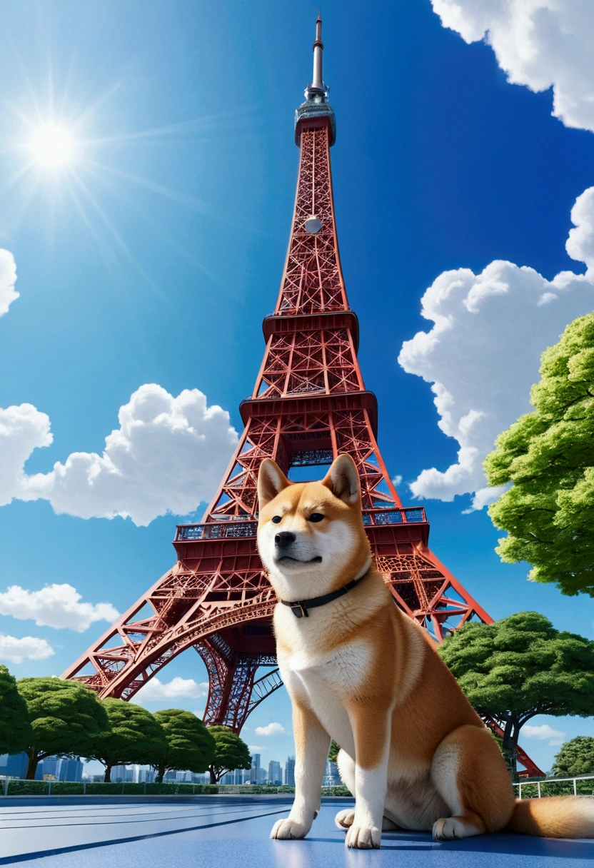 Makoto Shinkai Taste, Beautiful blue sky, Shiba Inu Puppy, Tokyo Tower, Healing scenes,Wide angle, Long-distance image,
