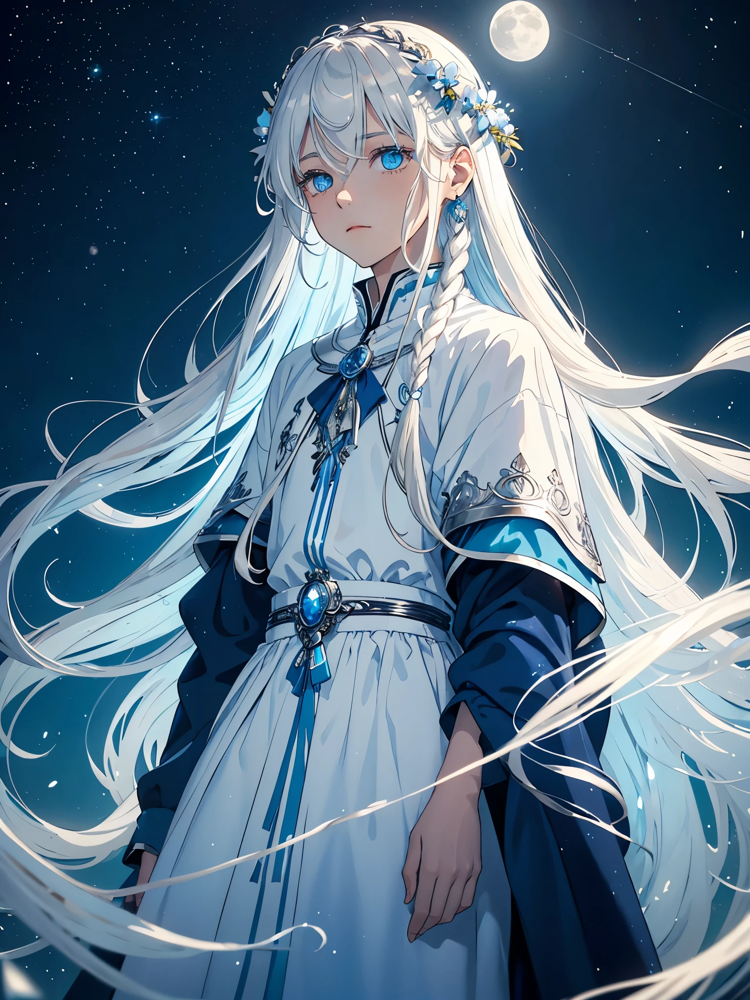 Männlich. Boy. Mann. Long hair. long white hair. aquatic, boy, Goddess of the Moon, silver hair accessories, White hair, blue flowers. Blue lights. blue dress, cape, at night, saturated colors, light eyes, bright, light blue light, blue eyes, Jewelry silver