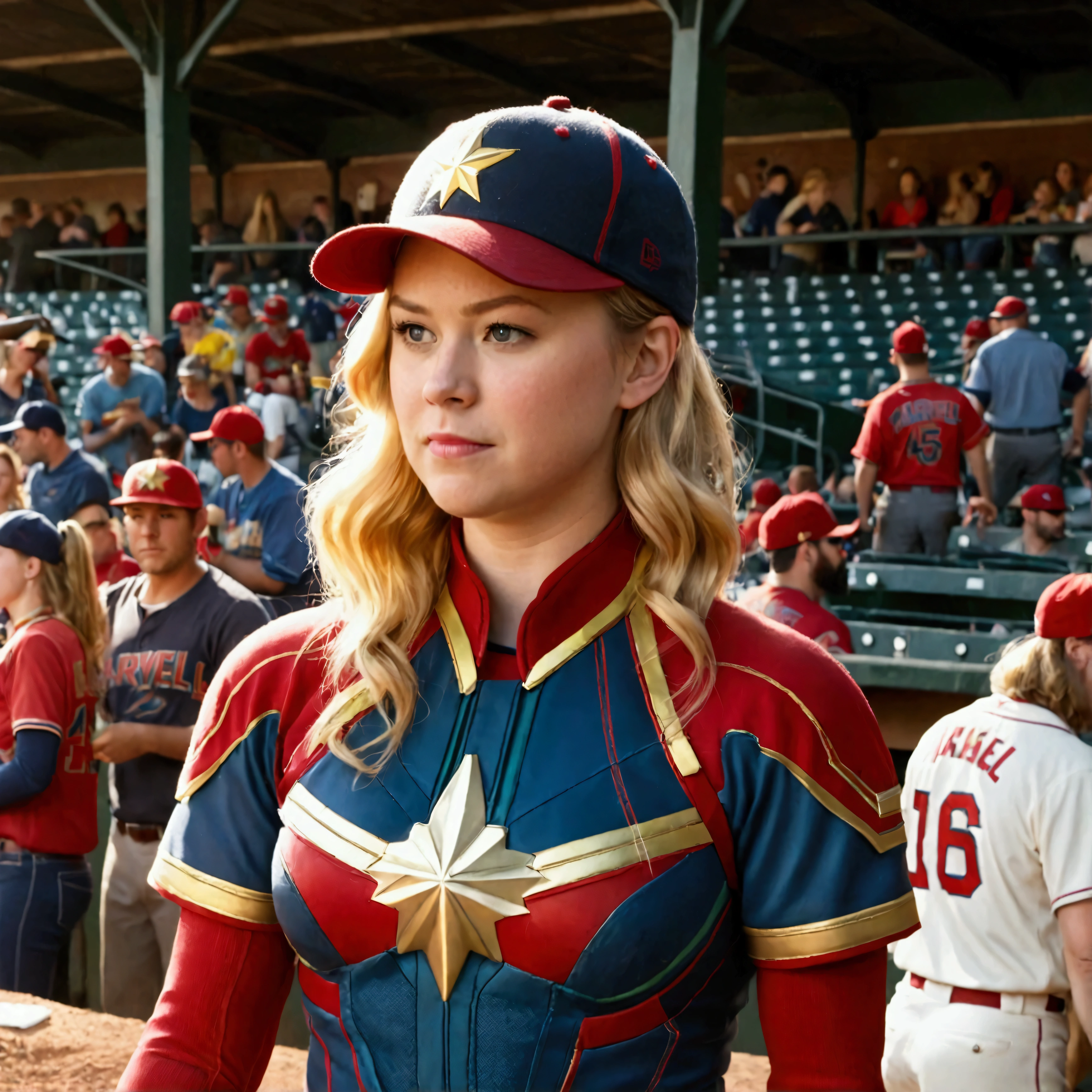 (Brea Larson, age 25, Captain Marvel, baseball cap, chewing tobacco) she is pitching the baseball, crowded dugout, baseball game