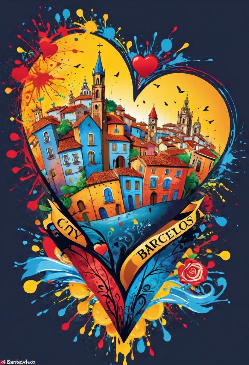 heart shape vector art with a colorful illustration, city of Barcelos, in the center, vibrant colors, paint splashes and stains, high detail, t-shirt designs (work of art, best quality, professional, perfect composition, very aesthetic, absurd, super detailed, Intricate details:1.3)