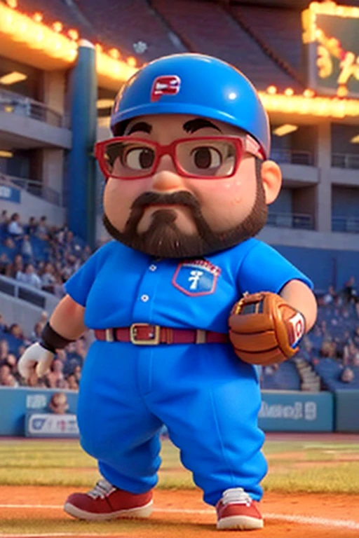 1male, alone, (Yossan), Ultra-high resolution,beard, Glasses, ((Are fat)), chibi, muscle, Dynamic, baseball player, (野court), uniform, bat, Gloves, Helmet, baseball belt, During the game, Batter Box, Stance, court, audience, illumination, Tension, A look of determination, Powerful task in progress