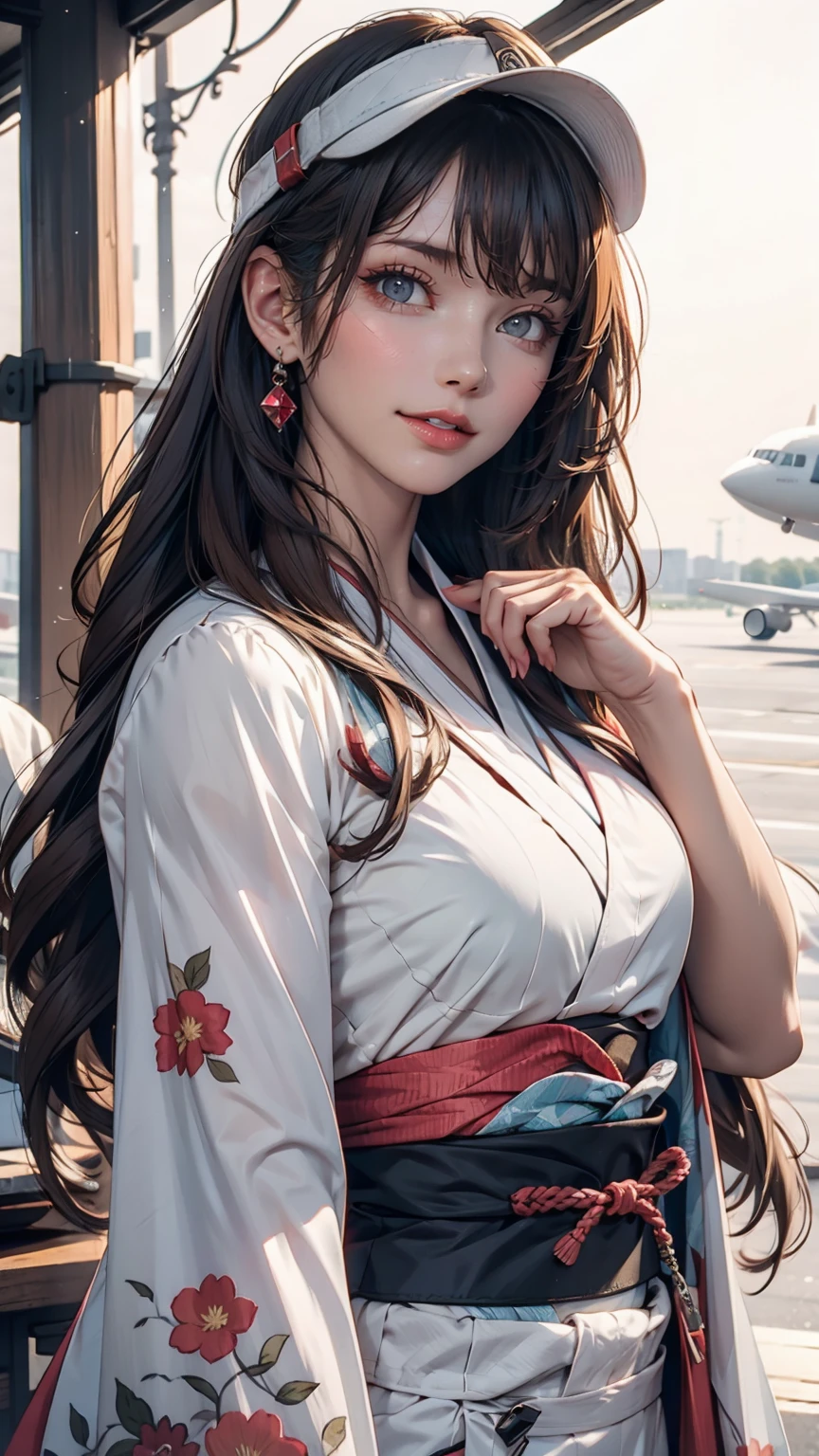 One girl, Ryujo (Kantai Collection), alone, Brown Hair, Twin tails, Brown eyes, Visor Cap, correct, Open your mouth, aircraft, smile, plane, White Background, kimono, Simple Background, His posts, Upper Body, Long Hair