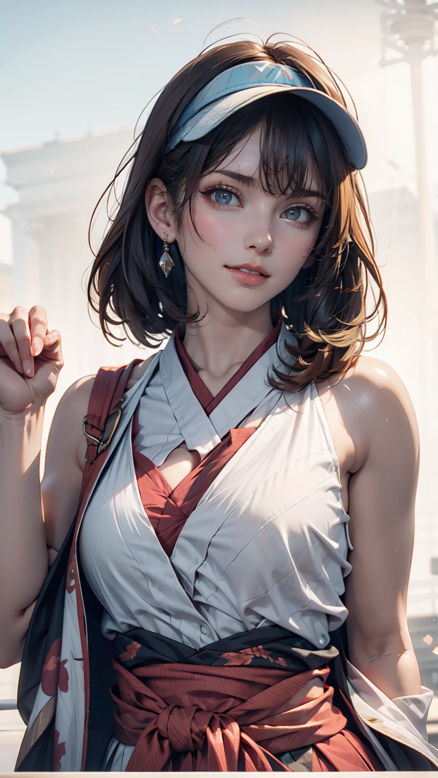 One girl, Ryujo (Kantai Collection), alone, Brown Hair, Twin tails, Brown eyes, Visor Cap, correct, Open your mouth, aircraft, smile, plane, White Background, kimono, Simple Background, His posts, Upper Body, Long Hair