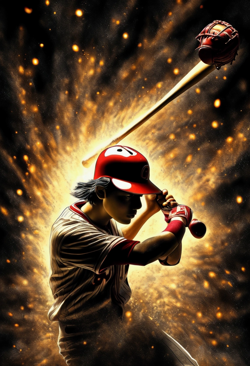 (Baseball Player), Capture the ethereal light and shadow in a stunning photograph with selective color details, revealing the hidden poetry of (glowing objects), full body, award-winning, cinematic still, emotional, vignette, dynamic, vivid, (masterpiece, best quality, Professional, perfect composition, very aesthetic, absurdres, ultra-detailed, intricate details:1.3), by Naoki Urasawa