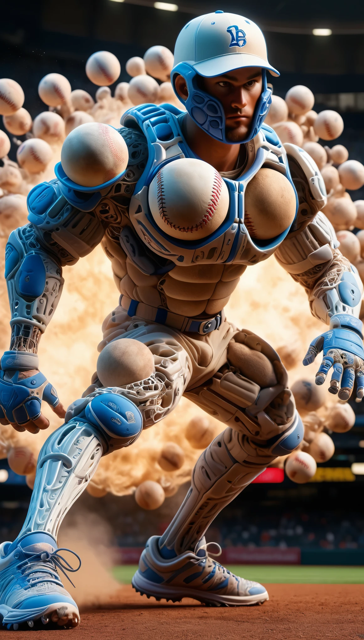 a cybernetically enhanced baseball player made of dvr-cl-dvsn with iron legs and massive arms pitches a ball towards the camera, dramatic lighting
