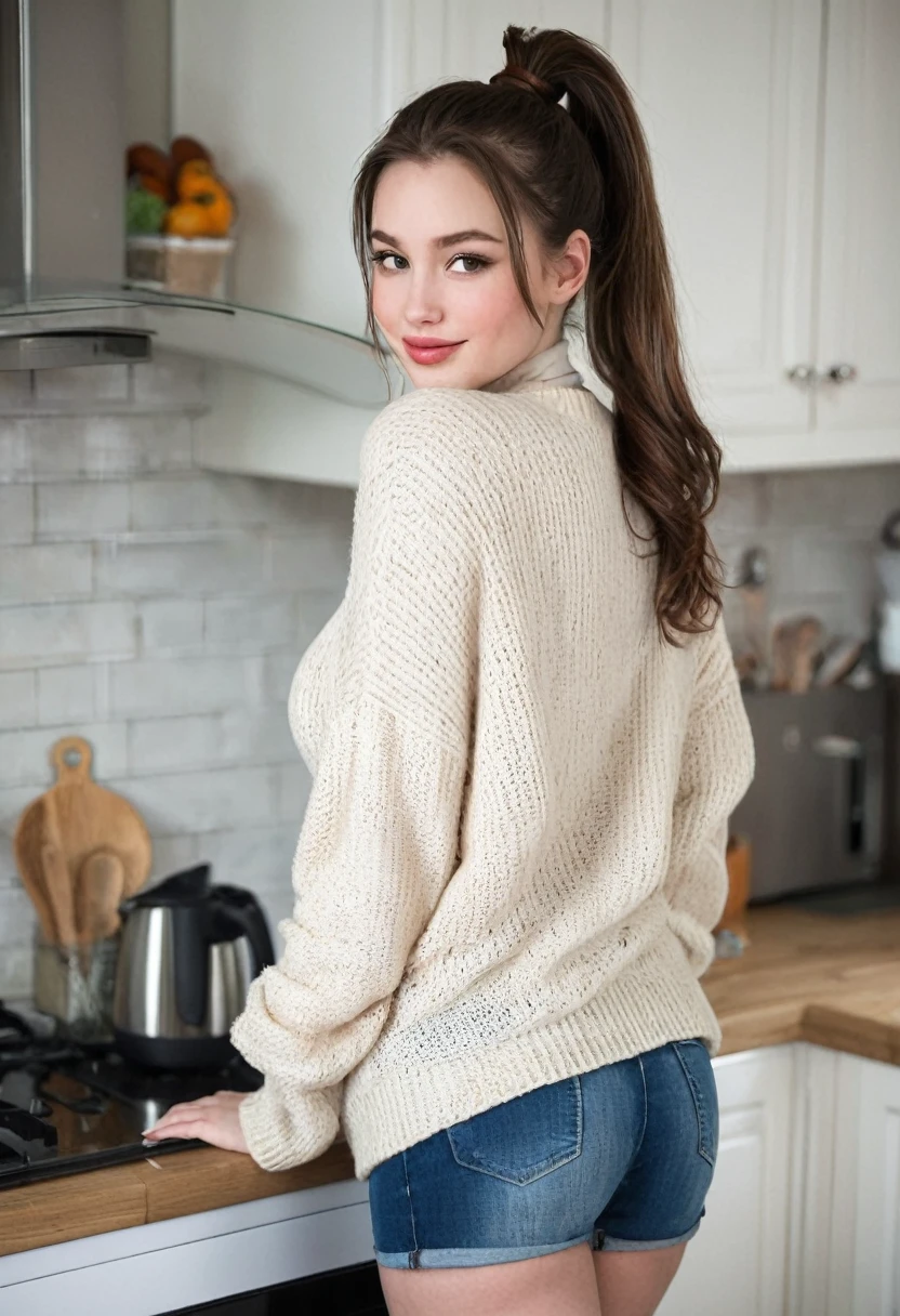 Young woman, Caucasian, brunette, high ponytail, pale skin, messy ponytail, cute face, unbelievably beautiful face, big lips, large breasts, wide hips, oversized sweater, cleavage, shy face, why smile, full body, kitchen setting,