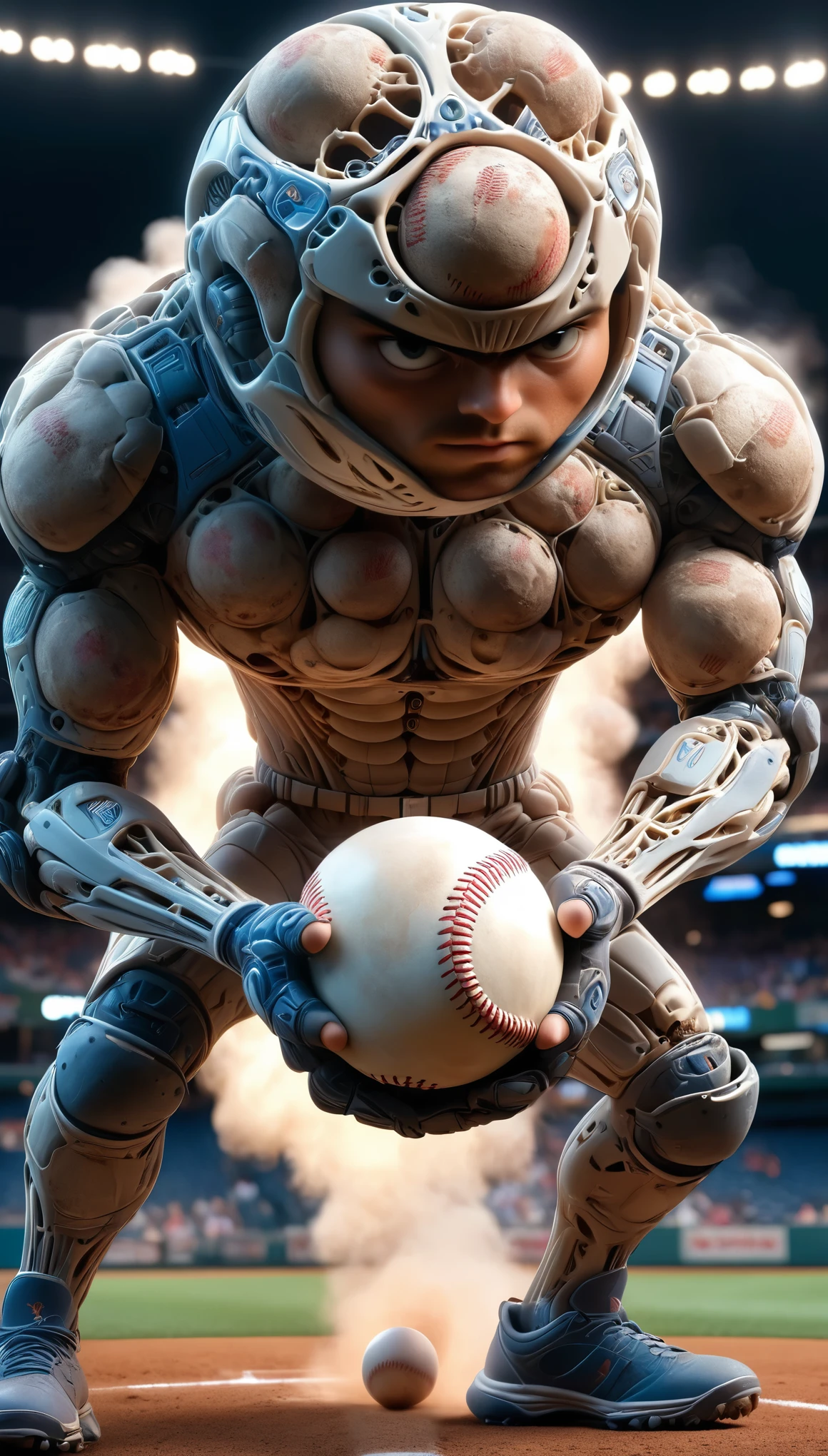 a cybernetically enhanced baseball player made of dvr-cl-dvsn with iron legs and massive arms pitches a ball towards the camera, dramatic lighting