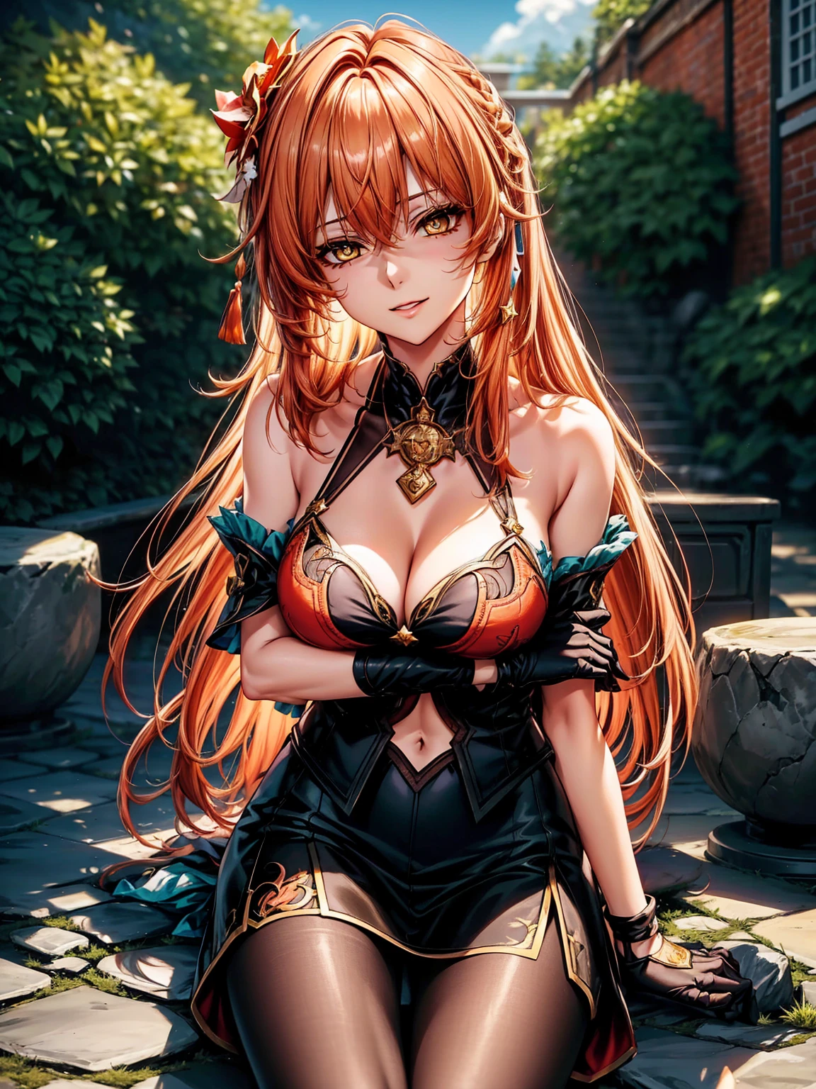 top-quality、tmasterpiece、Very high resolution、super high image quality、High-quality pixels)、perfect eyes, perfect face, perfect body figure,solo,8K, sizable breast,(Detailed description of hair), (Detailed description of face),(Detailed description of body), fair and clear skin, matchless beauty, long legged, orange hair details expressed, The details have been upgraded, light yellow eyes, official costume, girlfriend ssmile, Guinaifen (Honkai Star Rail), black gloves, bare shoulder, black pantyhose, symmetric clothes, evening garden