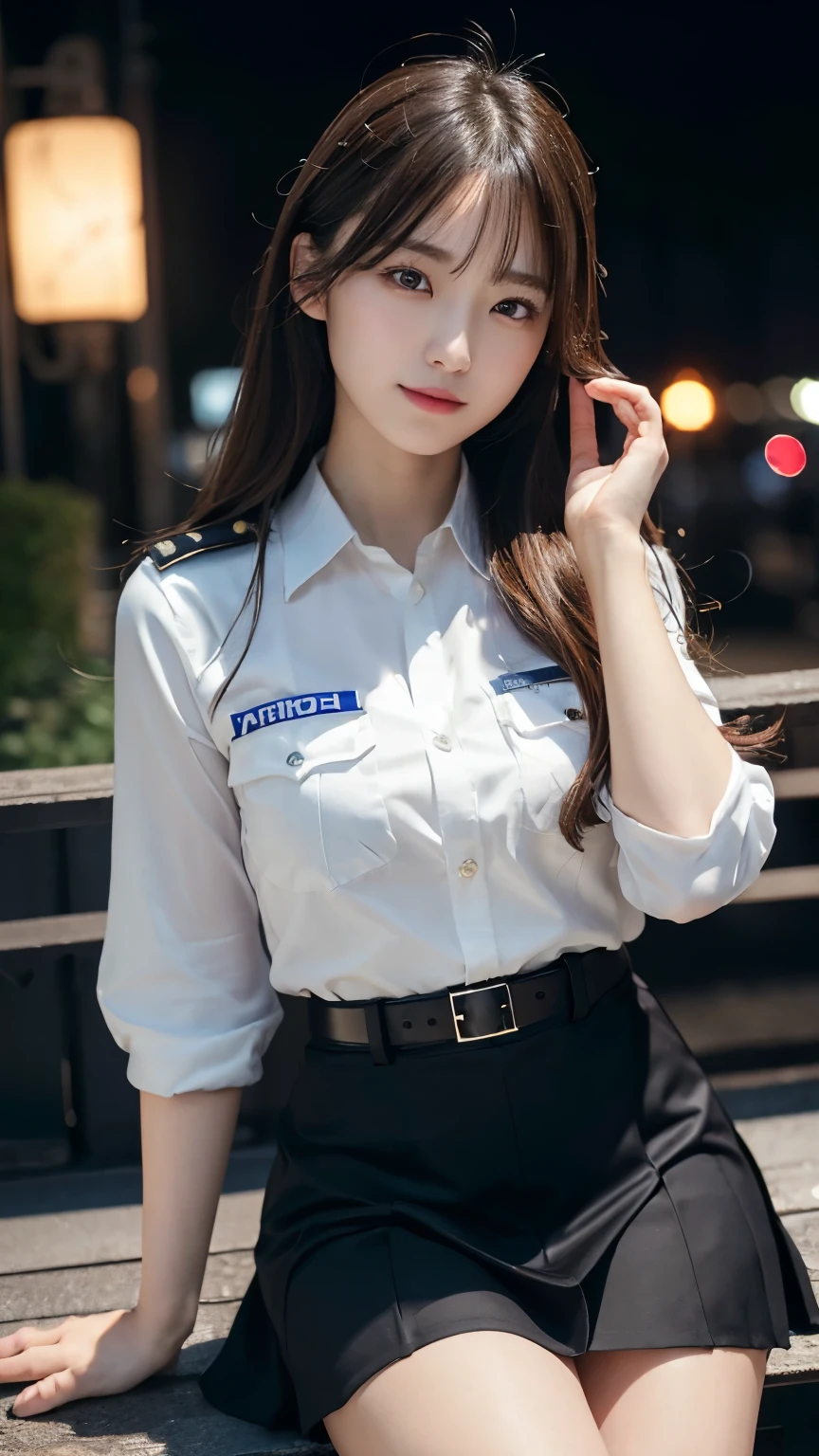 An innocent 20-year-old girl、((Japanese Police Officer, Sexy police uniform, skirt, Cute and elegant, Dramatic Pose)),smile,Night city background,shortcut、RAW Photos, (8K、Highest quality、masterpiece:1.2)、(Intricate details:1.4)、(Photorealistic:1.4)、Octane Rendering、Complex 3D rendering with ultra-detail, Studio Soft Light, Rim Light, Vivid details, Super Detail, Realistic skin texture, Detailed aspect, Beautiful details in the eyes, Highly detailed CG Unity 16k wallpaper, compensate, (Detailed Background:1.2), Glowing Skin, whole body,Put your hands down、Spread your legs and show me your panties,Sit on a bench