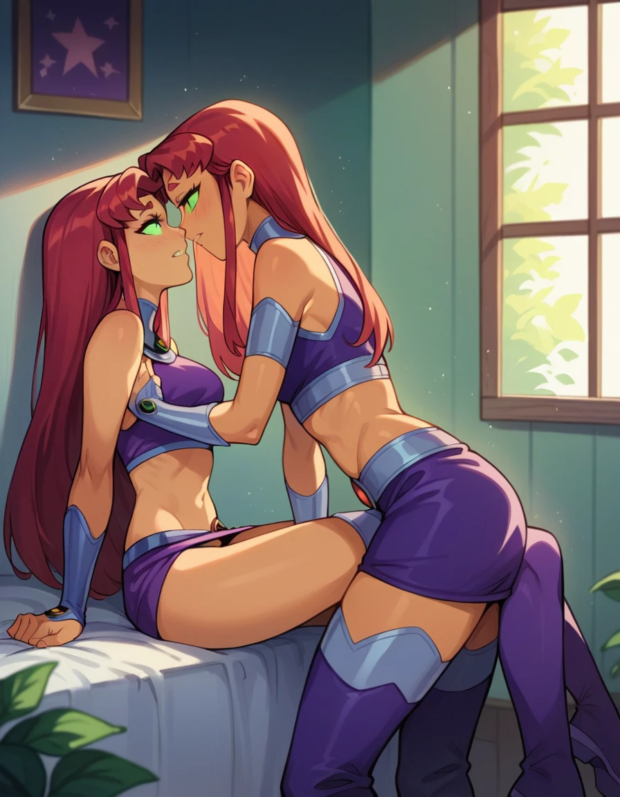 starfire, lap dance sex, slim, red hair, green eyes, purple top, midriff, purple skirt, thigh boots, room, titans, cartoon, ohxw, bare shoulders, 2d, side view, star12