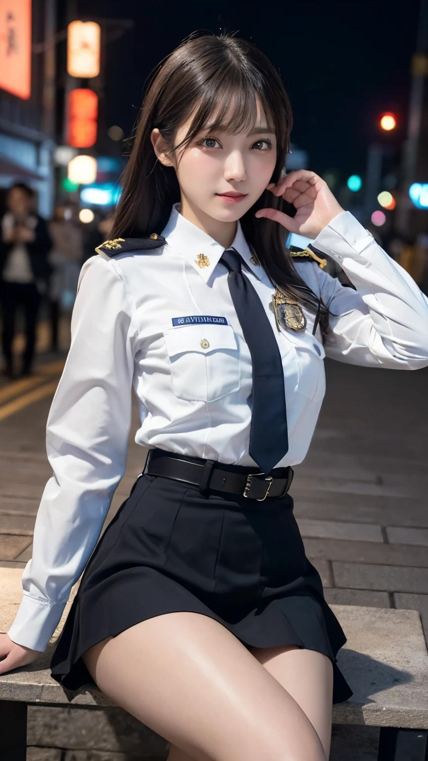 An innocent 20-year-old girl、((Japanese Police Officer, Sexy police uniform, skirt, Cute and elegant, Dramatic Pose)),smile,Night city background,shortcut、RAW Photos, (8K、Highest quality、masterpiece:1.2)、(Intricate details:1.4)、(Photorealistic:1.4)、Octane Rendering、Complex 3D rendering with ultra-detail, Studio Soft Light, Rim Light, Vivid details, Super Detail, Realistic skin texture, Detailed aspect, Beautiful details in the eyes, Highly detailed CG Unity 16k wallpaper, compensate, (Detailed Background:1.2), Glowing Skin, whole body,Put your hands down、Spread your legs and show me your panties,Sit on a bench
