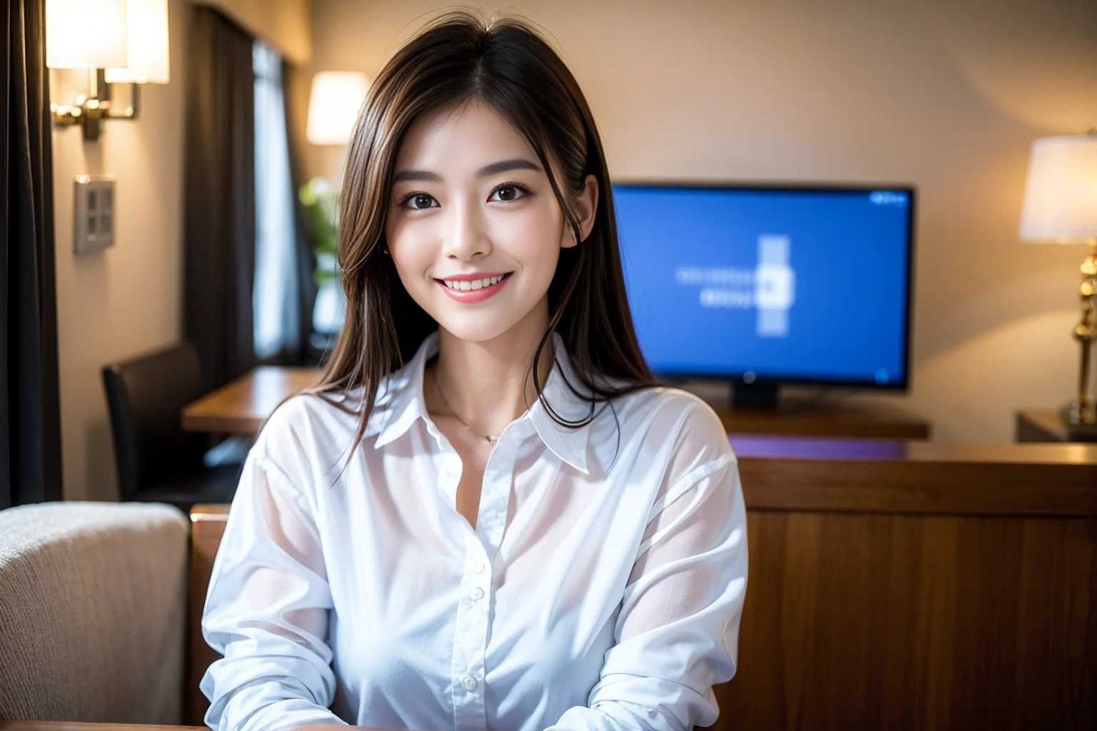 ((Highest quality、、masterpiece:1.3))、1 male、1 female,44 years old 39 years old、Shine the light on my face、Slim Beauty、Beautiful couple、Upper Body、smile、 (Slim face), (the body is スリム), (Brown Hair), (Shortcuts), テーブルのフルコースディナーとwine glass、Amazing view of the sunset sky and clouds、smileの美しさ、Wine bottle、sparkling wine、Long sleeve shirt、dress、White wine, red wine, wine glass, Beautiful fine grain, Depth f/2,saturation, High Contrast, Strong light and shadow,Moist Body:1.5、 texture、The hair is very shiny、