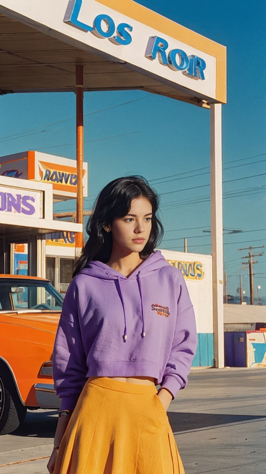 (medium long shot portrait) of cute 23 yo girl ,wear ((orange color oversized_hoodie)), wear ((purple tennis skirt)),looking front,Best Quality,Masterpiece,Ultra High Resolution,(Realisticity:1.4),Original Photo, 1Girl, light leak,ultra high resolution,UHD,beautiful, (black straight hair), almond eye, no makeup, in front of ((80's colorful los angles gas station)), (realistic:1.2), (surreal:1.3), (very detailed:1.1), ((masterpiece)),summer, blue sky, palm trees,sunny, los angles vibes,film camera, 800mm lens,style of Philip Lorca diCorcia