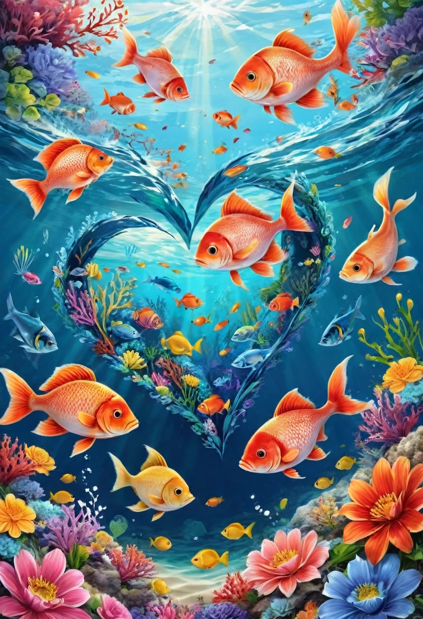 vector art heart with flowers, colorful illustration of various fish in the middle of the sea, At the center, Paint splashes and stains, high détail, t-shirt designs (work of art, best qualityer, proffesional, perfect composition, very aesthetic, absurdrez, super verbose, details Intricate: 1.3