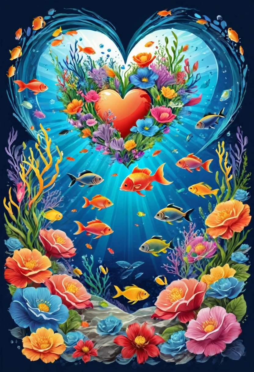 vector art heart with flowers, colorful illustration of various fish in the middle of the sea, At the center, Paint splashes and stains, high détail, t-shirt designs (work of art, best qualityer, proffesional, perfect composition, very aesthetic, absurdrez, super verbose, details Intricate: 1.3
