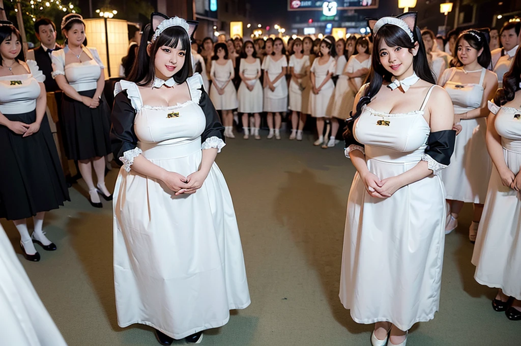 (8k, ultra-high resolution, highest quality, masterpiece:1.2), ultra-realistic, (realistic, photorealistic:1.37), (realistic skin:1.2), ultra-detailed, Canon EOS RP, 8k, Korean mature woman, smiling,(super obese:1.5), (super curvy:1.4), ((super voluptuous,)) ((full body shot:1.5)),(standing:1.5), thick ankles, (((maid cafe))), (((crowd of maids:1.5))), (((cat ears, cat tail))),(checked maid uniform:1.4)