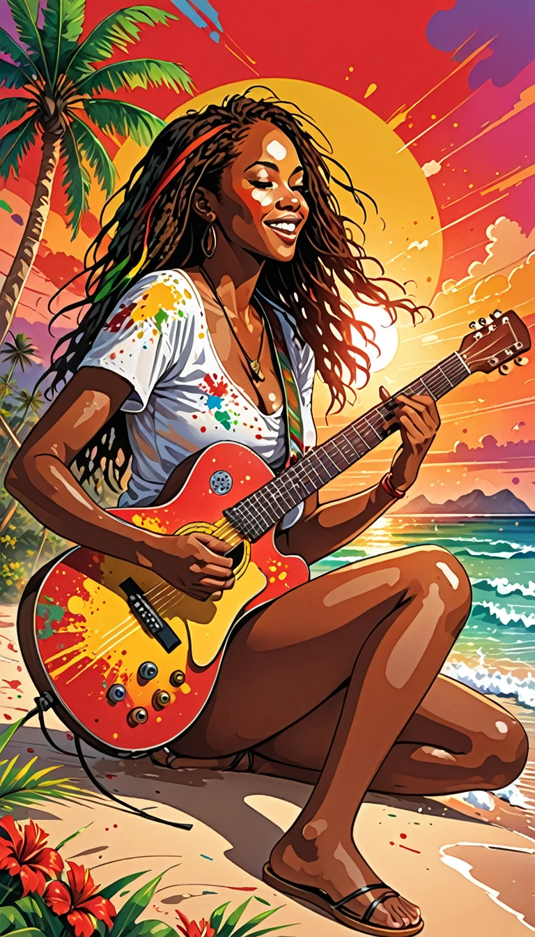 Vector art, Lots of Jamaican Reggae, Authentic Jamaican reggae music atmosphere，Color illustrations, in the center, Vibrant colors, Paint splatters and stains, High detail, 
bright red sunset,Palm tree,beach,Woman Playing Guitar