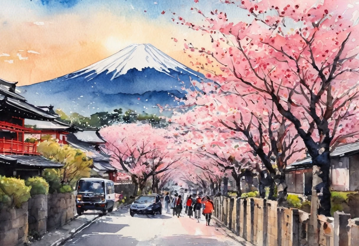 (Cherry blossom And Street:1.5), (ink and watercolor painting:1.5), (Tasteful:1.5), (ink and watercolor painting:1.5), (full color:1.5), 8k, 4k, (landscapes:1.5),(cherry blossom trees:1.5),(wind:1.5),(flying cherry blossom petals:1.5),(kyoto:1.5),(pink theme:1.5),mount fuji in background