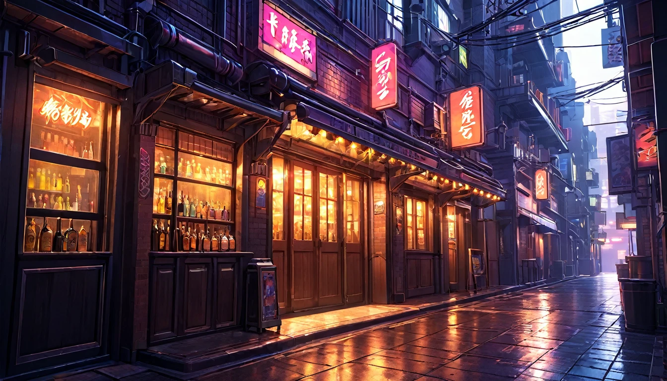 anime city street, bright alleyway, bar entrance, highly detailed, photorealistic, 8k, ((masterpiece)), cinematic lighting, vivid colors, warm color palette, dramatic shadows, intricate architecture, detailed neon signage, atmospheric, moody, cyberpunk
