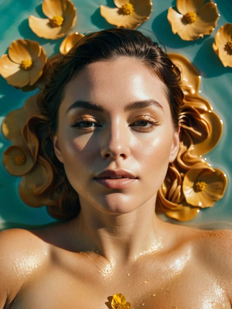 8x10 portrait, woman in golden honey bath. Shot with curves distort. Dramatic overhead light, reflections. Aero Ektar lens, pushed Ektachrome E100. Surreal, saturated tones. Flower petals add negative space. High detail, muted teal & terracotta, Dutch light