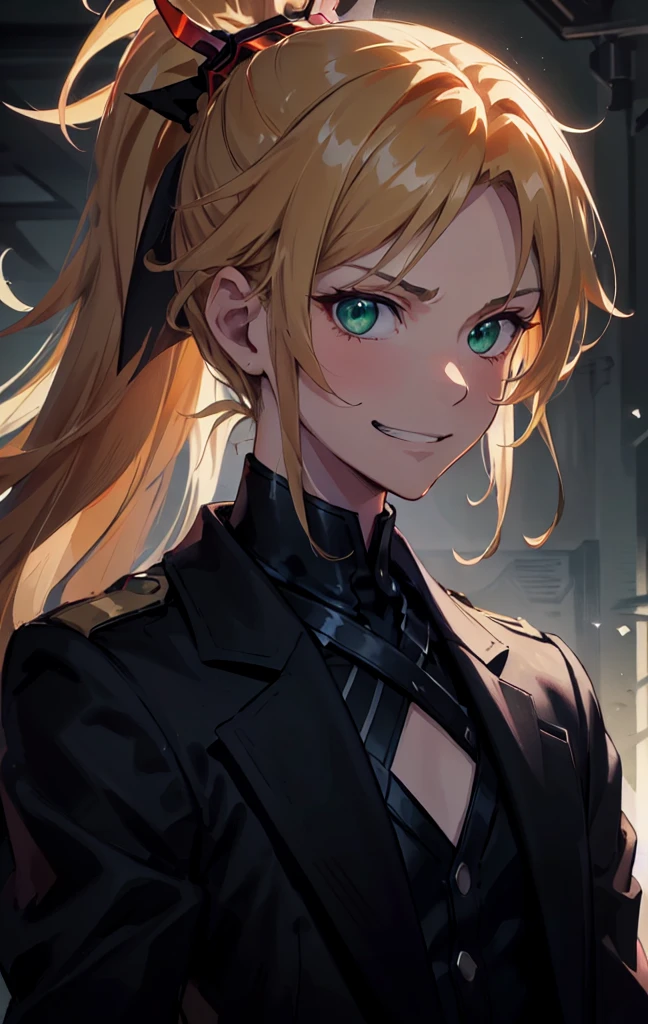 masterpiece, best quality, (detailed anime, video game art, extremely detailed CG unity 8k wallpaper), (best quality), (best illustration), (best shadow), absurdres, realistic lighting, (Abyss), beautiful detailed glow, anime, solo, 1girl, (small chest, portrait, close up shot:1.22), (mordred:0.89), female, feminine, blonde hair, green eyes, ponytail, tomboy, long hair, (dynamic pose, attack stance, valkyrie, smirk:1.03), messy hair, royalty warrior, soldier, vicious expression, grin, (head tilt:1.22), cocky, death glare, kubrick stare, perspective view, (\ ( three quarter profile \ ):0.55), suit and tie, overcoat, black suit, belt, spotlight, dark theme