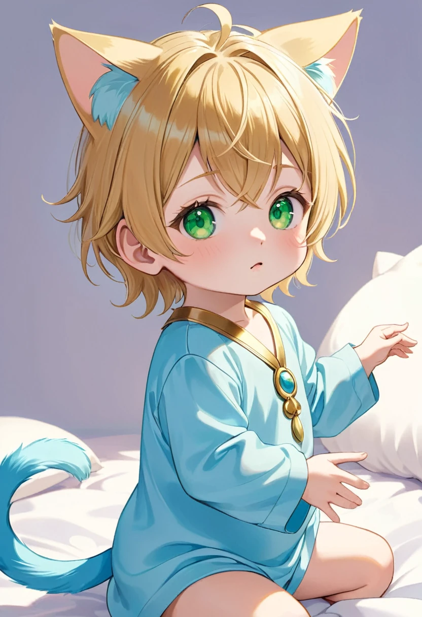a baby boy with golden hair and ears, a light blue cat tail and green eyes