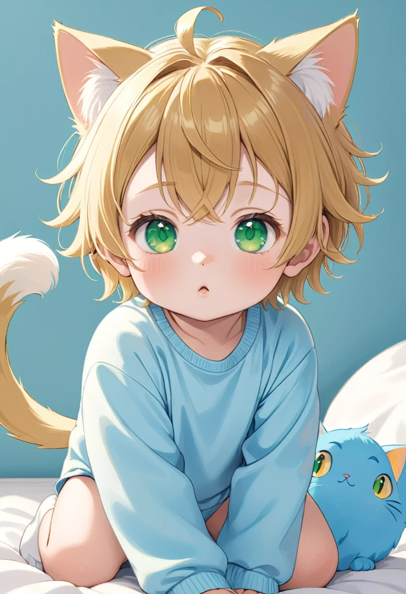a baby boy with golden hair and ears, a light blue cat tail and green eyes