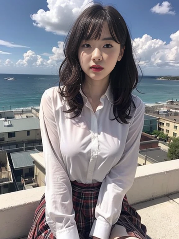 Gray background、pubic hair、Large Breasts、Thighs、Red lipstick、Curly Hair、Disheveled Hair、Cute woman、high school girl、White shirt、Checkered mile、Open chest shirt、One Woman、Gazing at the sea、Looking from below、Rooftop、Cloud、