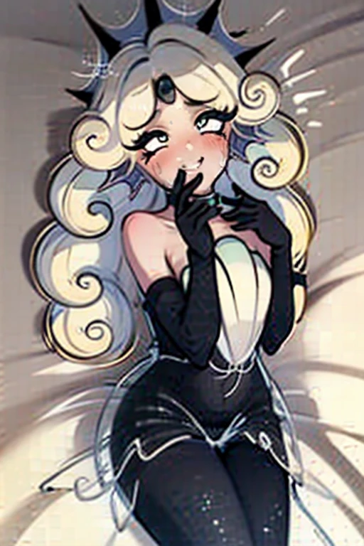 a hot seductive mature woman, black pearl cookie, lying down in bed. she has a curvy but slim body, with lovely curves and long sexy legs. her skin is grey and so smooth that it glows. her hair is long, wavy and white, and it's fluffy and messed up. her eyes and white and sharp with long eyelashes. she's wearing a tight black bikini, showing her skin, as well as a pair of long black stockings, long black gloves and a choker. her pose is seductive and alluring: she's lying down on the bed while looking at the viewer with her hands behind her back. she's also opening her legs. the viewer is in front of her and has a close up of her face from above. she's smiling seductively and blushing a lot on her cheeks and nose. HD, very detailed picture, hearts around head, closeup face, white hair