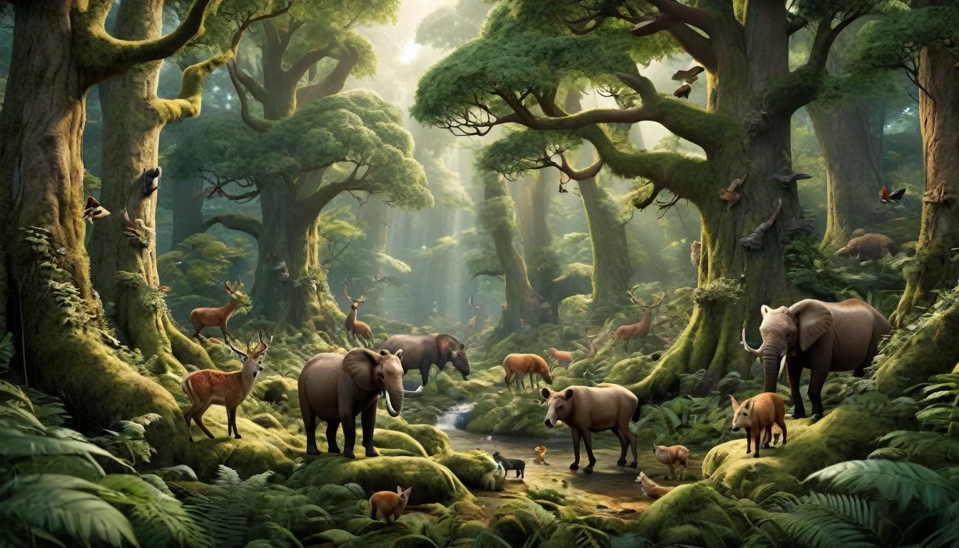 A stunning 3D scene，A beautiful forest scene，Dense trees，How many animals are there?