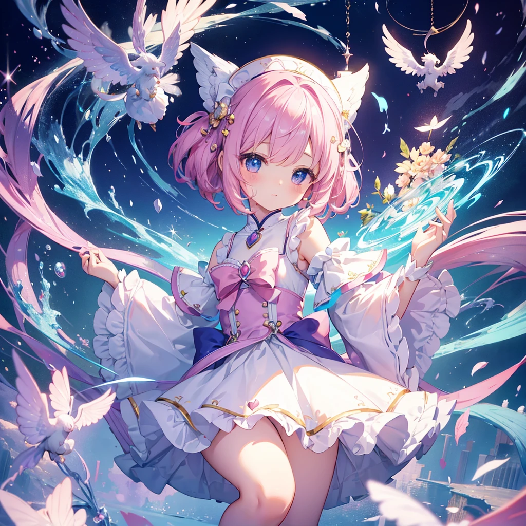 beautiful illustration、top-quality、cute petit girl、(transform sequence)、magical 、chibi、white magical girl、Fractal Art、Trompe-l'oeil、optical illusion、optical illusion、Appears to jump off the screen、Swimming underwater、