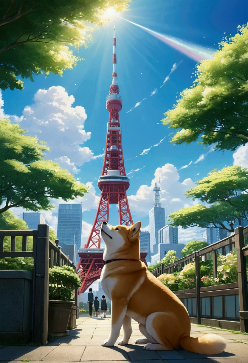 Makoto Shinkai Taste, Beautiful garden, (Shiba Inu puppy looking up, Healing scenes,A view of Tokyo Tower,Wide angle、