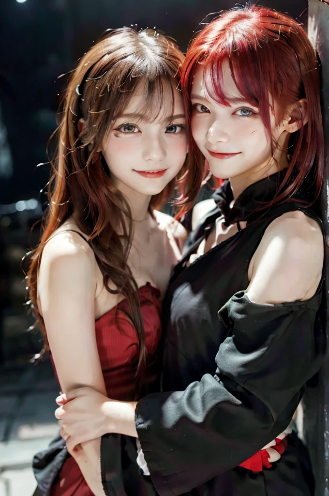 masterpiece, Highest quality, High resolution, One girl, alone, Modern vampires, Redhead, Long Hair, Open Hair, Red eyes, Wicked Smile, On either side of her were two boys., both vampires with Redhead, Red and black outfit, Scary background